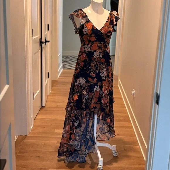 lulus Stunning Favorite Navy Blue Floral Ruffled High-Low Maxi Dress - Picture 4 of 9